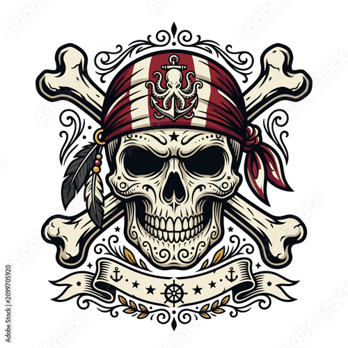 Pirate Skull with Bandana, Crossbones, and Anchor - Vector Art