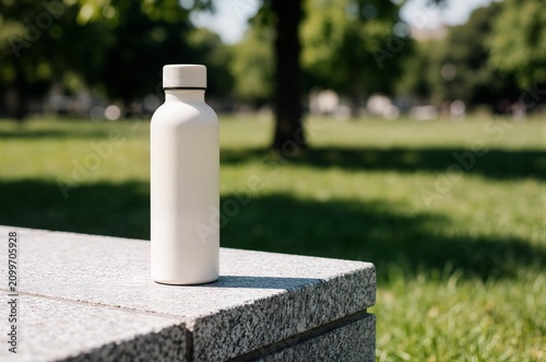 White reusable water bottle on stone bench in sunny public park ideal for eco friendly product marketing sustainability campaign and wellness branding