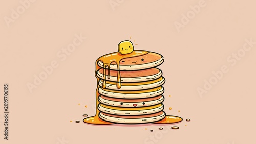 Cute cartoon pancake stack covered in syrup with butter on top.