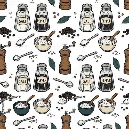 Seamless Pattern: Salt and Pepper Shakers, Grinders, Spoons, and Peppercorns