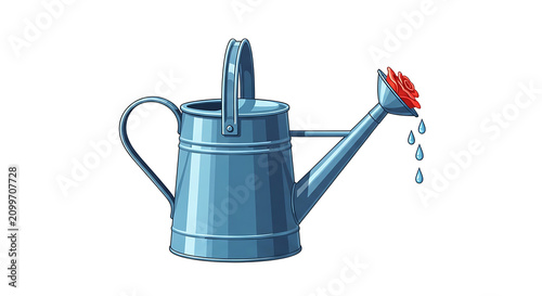 Blue metal watering can isolated on white. Garden tool for plant care and irrigation.