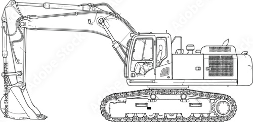 Heavy construction tracked excavator machine side view line art illustration blueprint isolated on white background design vector