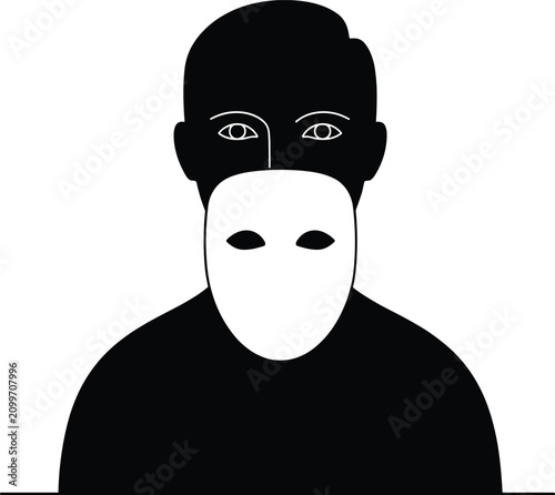 Konstfotografi Silhouette of a man hiding his true face behind a white mask symbolizing decepti