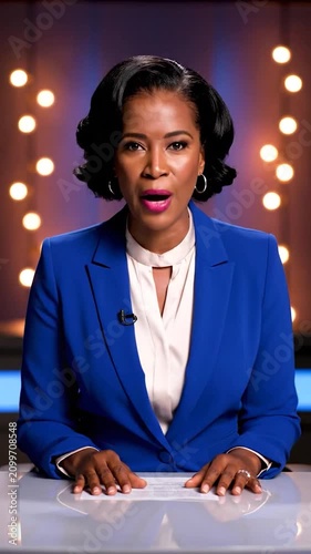 A professional news anchor reports from a modern studio