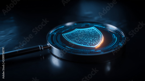 A magnifying glass examining a digital shield, representing cybersecurity inspection, threat detection, data protection and security risk assessment.
