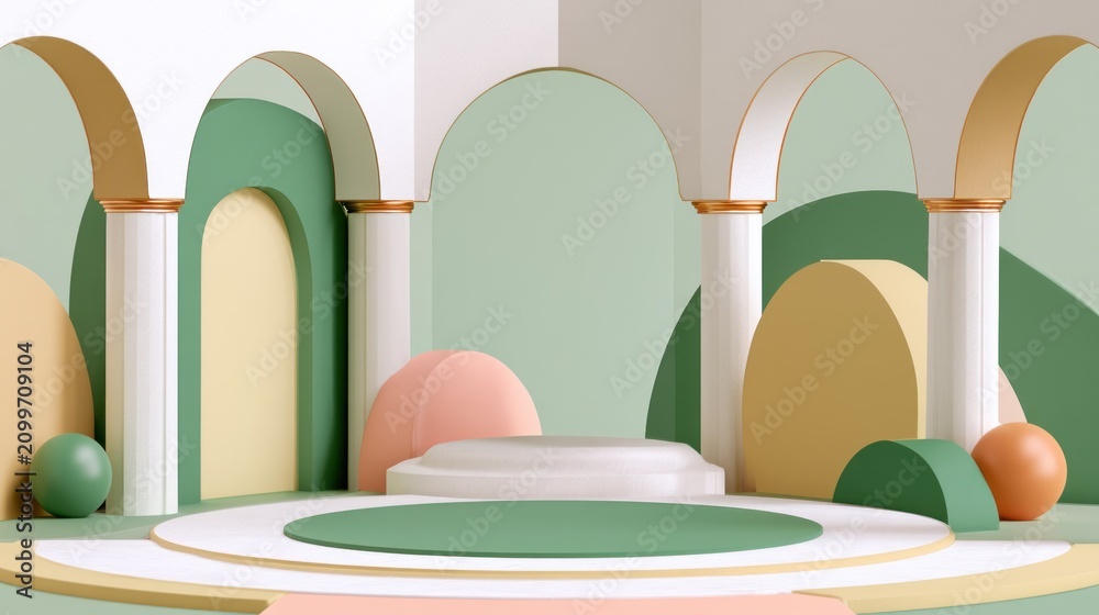 Fototapeta premium Architectural arcade with green and peach geometric forms.