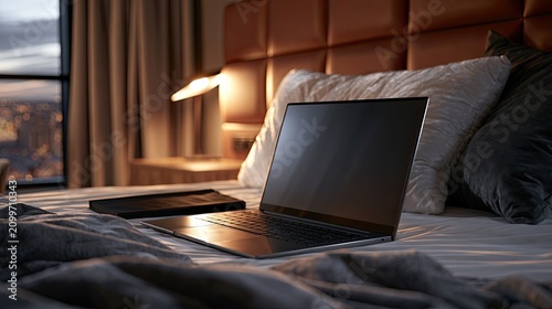 Open laptop on a bed with city view at dusk