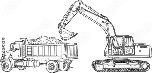 Hydraulic crawler excavator loading soil into a heavy dump truck vector outline illustration for construction site logistics