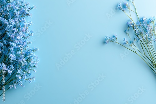 Delicate blue flowers scattered across a pale blue background, creating a serene scene