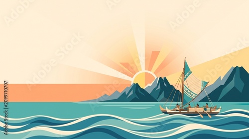 Modern Flat Vector Illustration of a Traditional Polynesian Outrigger Canoe Sailing in Calm Sea at Sunrise, Minimalist Geometric Mountains Landscape Graphic Design Wallpaper