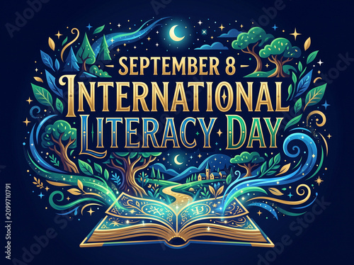 Open book with magical swirling light energy rising into a night forest landscape for literacy day celebrations and events.