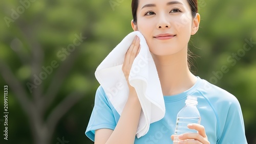 Healthy Young Asian Woman Wiping Sweat With Towel After Fitness Workout