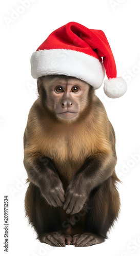 Small Monkey Wearing Santa Hat Isolated Transparent Background Christmas.