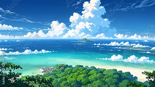 anime tropical island coastline with turquoise ocean and dramatic cloudscape under blue sky