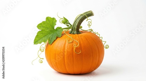 Vibrant orange pumpkin with green stem. Fresh seasonal gourd with leafy vine