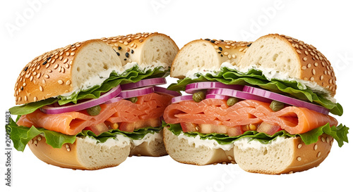 Smoked Salmon Bagel Sandwich With Cream Cheese Lettuce Red Onion On White