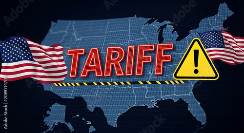 American flags and tariff warning sign over a map of the U S A