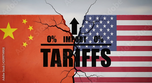 Cracked wall with Chinese and American flags and zero percent tariffs text