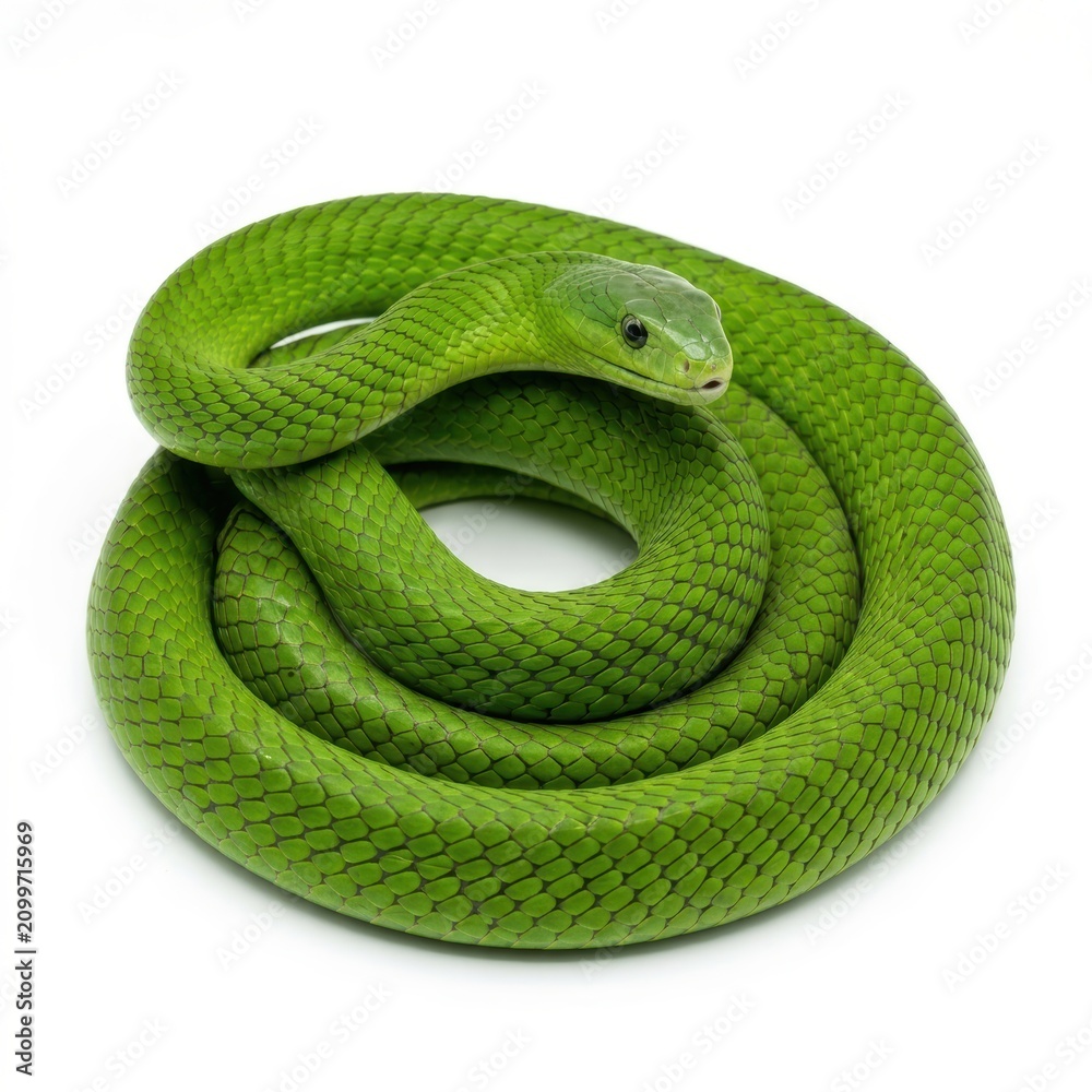 Fototapeta premium Vibrant Green Snake Coiled in a Circular Shape on White Background.
