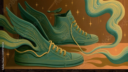 Green sneakers growing large stylized wings made of flowing golden lines.