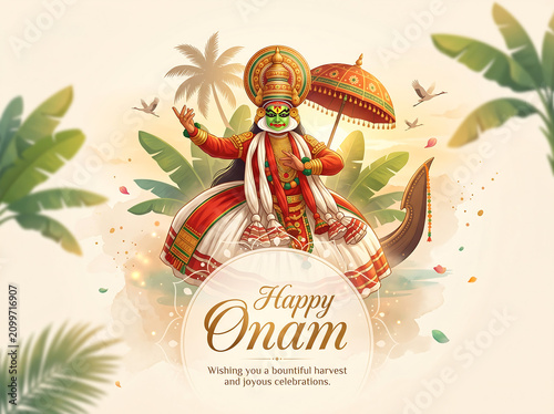 Traditional kathakali dancer in onam celebration with wishing happy Onam festive message surrounded tropical leaves flowers vibrant costume surrounded