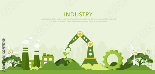 Green industry. intelligence  technology in sustainable industry factory concept. environmental friendly, automation, climate change.  Green vector illustration.