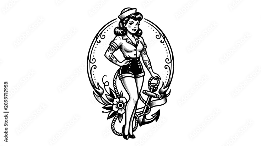 Obraz premium Vintage Sailor Pin Up Girl Tattoo Design with Anchor and Flowers