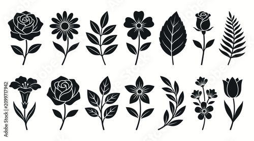 фотографія Set of Minimalist Black Botanical Flower and Leaf Silhouettes for Design