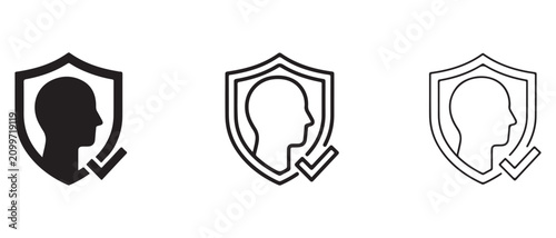 Security protection icons with shield and human head silhouette  protection symbols with check mark  safety and verification concepts