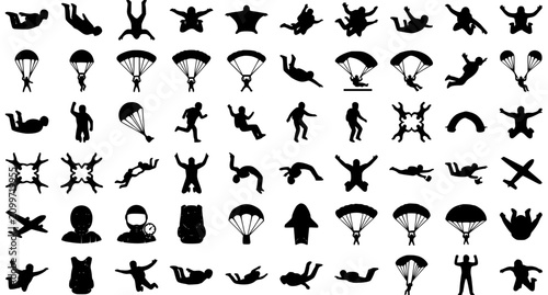 Fotografía Skydiver and Parachute Black Silhouette Vector Icon Set Featuring Extreme Air Sp