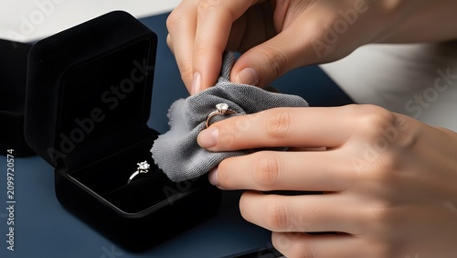Woman cleaning diamond engagement ring with soft cloth, jewelry care