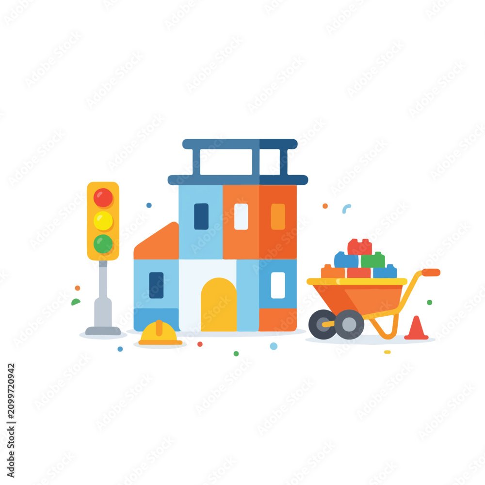 Obraz premium A colorful vector illustration of a toy construction site featuring a building made of blocks, a traffic light, a wheelbarrow, and a hard hat.