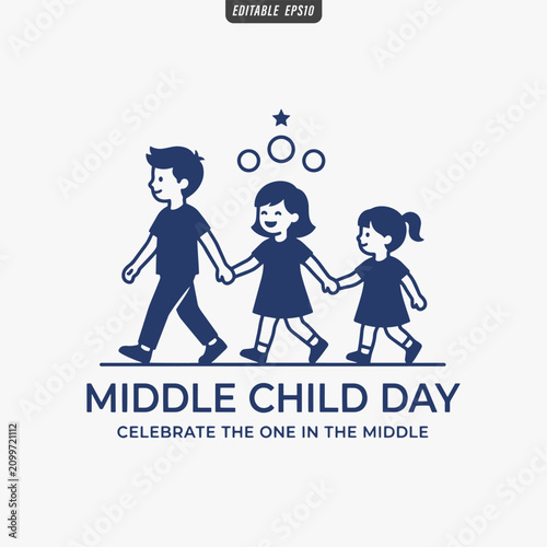 The flat design for a Middle Child Day poster focuses on simplicity, elegance, and ease of recognition. Vector Illustration