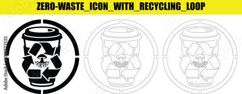 Quadro su tela Zero waste coffee cup icon with circular recycling loop and mushroom root decomposition