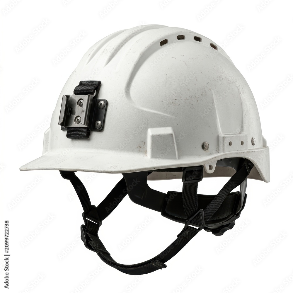 Fototapeta premium White Construction Safety Helmet with Adjustable Strap and Mounting Bracket.