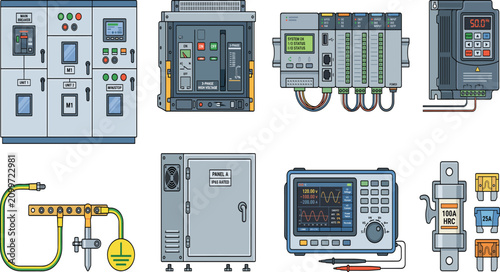 Industrial Electrical Control Equipment Set with PLC Panels Breakers Grounding and Testing Instruments