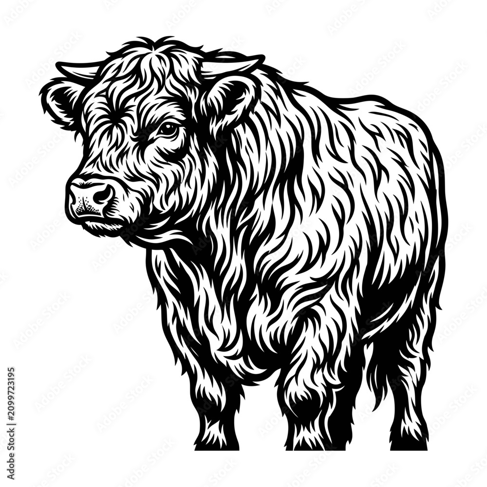 Obraz premium Highland Cow Illustration - Black and White Vector Art