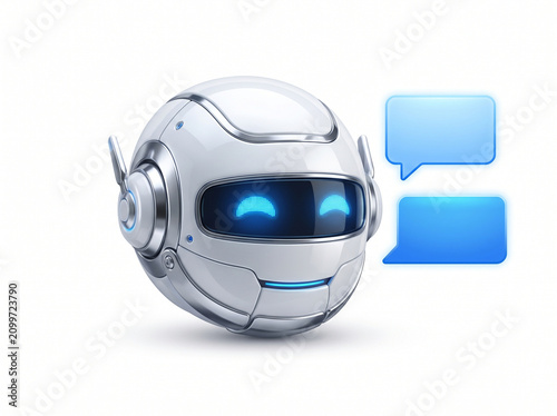 Modern robotic head with glowing blue digital eyes and interface speech bubbles isolated on a white background for tech concepts.