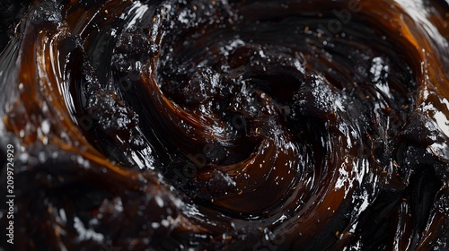 Close-up Abstract Texture of Thick Dark Glossy Industrial Grease or Viscous Resin with Swirls