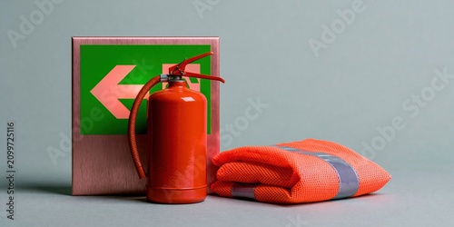 Red fire extinguisher and green exit sign alongside a folded reflective vest on a gray background for industrial safety and workspace regulation