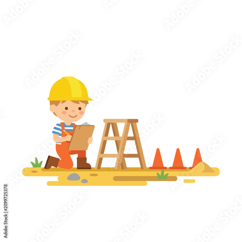 A cute cartoon boy dressed as a construction worker in a yellow hard hat writes on a clipboard at a mini construction site with cones.