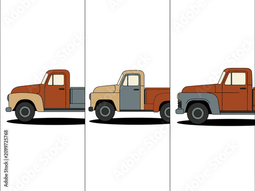 Canvastavla Vintage Pickup Truck Triptych with Mismatched Panels Illustration