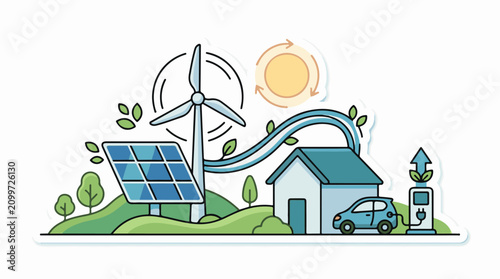 Eco-friendly scene with solar wind electric car and house