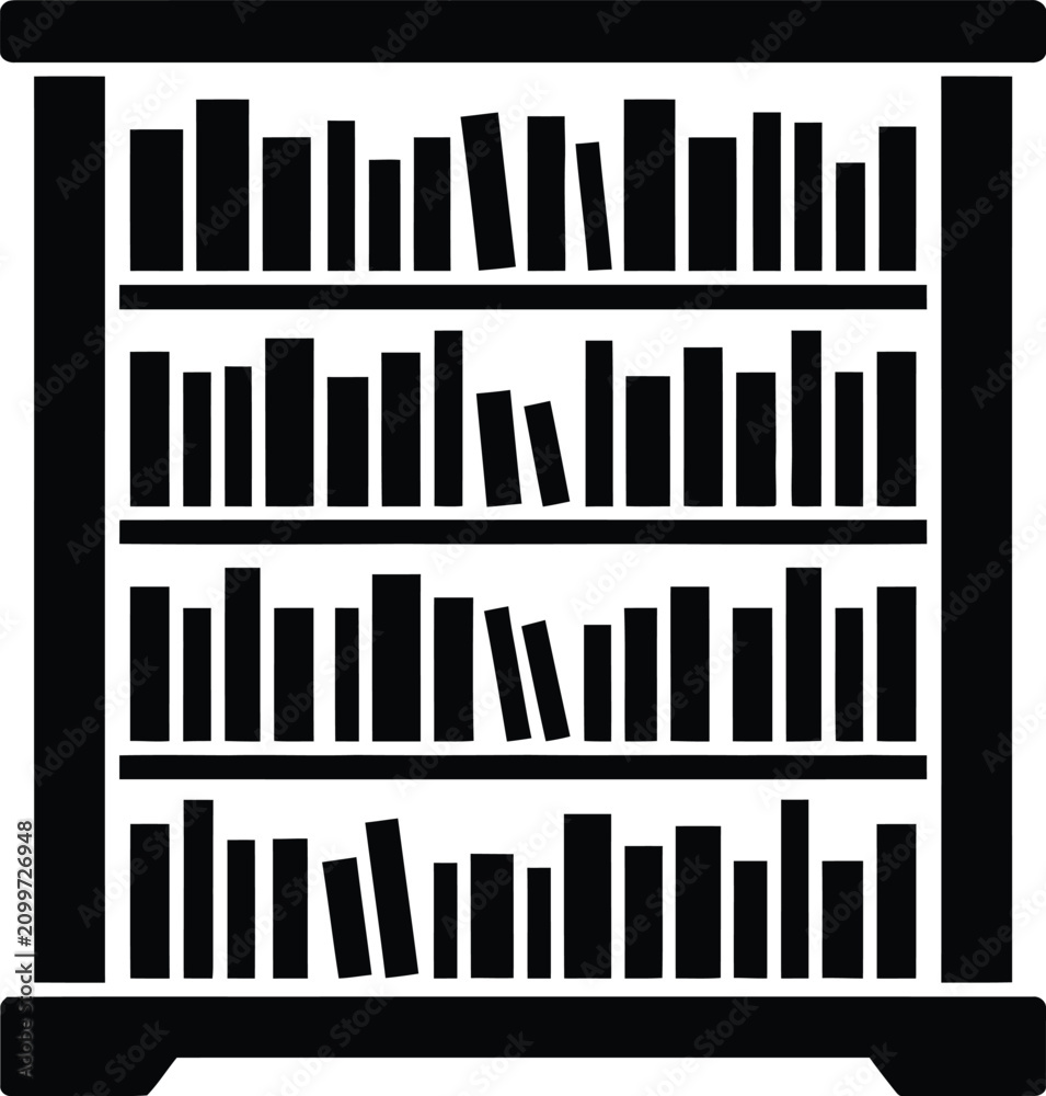 Obraz premium Black and white icon of a wooden bookshelf filled with many books for education and library theme