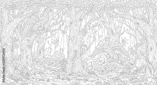 Intricate forest coloring page vector, detailed woodland landscape line art, enchanted jungle background with trees and foliage for adults