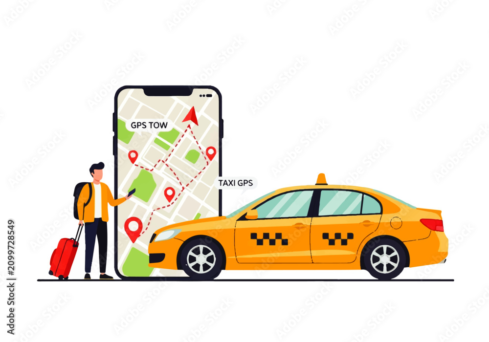 Naklejka premium Online Taxi Navigation with GPS Map Cartoon Vector Illustration