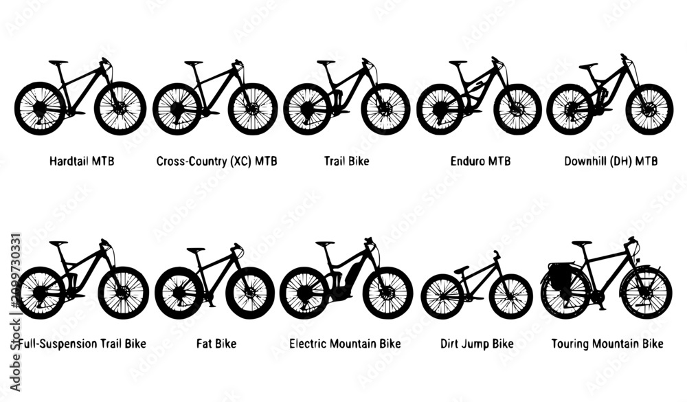 Fototapeta premium Mountain Bicycle Black Silhouette Vector Icon Set