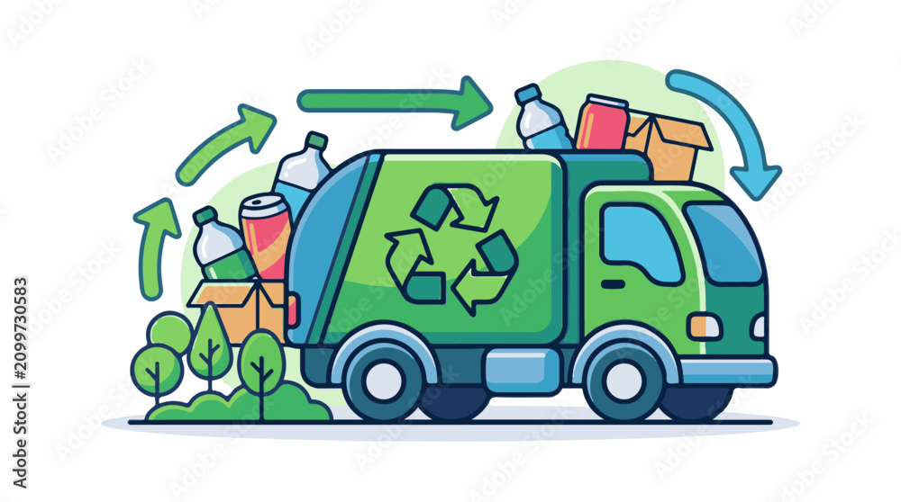 Fototapeta premium Green recycling truck collecting waste with arrows indicating a cycle
