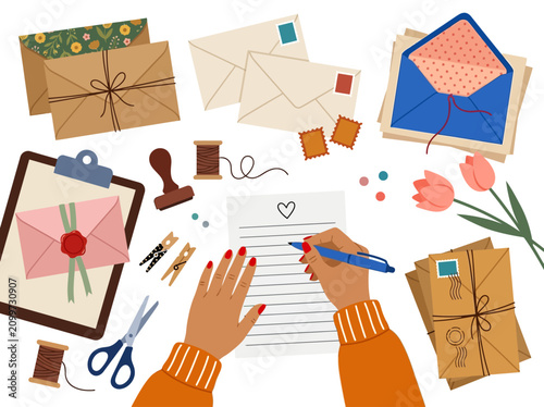 Obraz na płótnie Flat illustration of a person writing a romantic love letter surrounded by vintage envelopes, craft supplies, and flowers