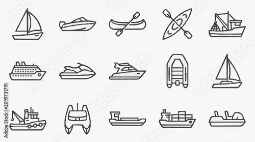 Corporate Line Drawing Icons Set of Various Types of Boats and Watercraft in Monochrome Style for Business Presentations